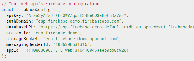 firebaseConfig объект конфигурации копирование сохранение