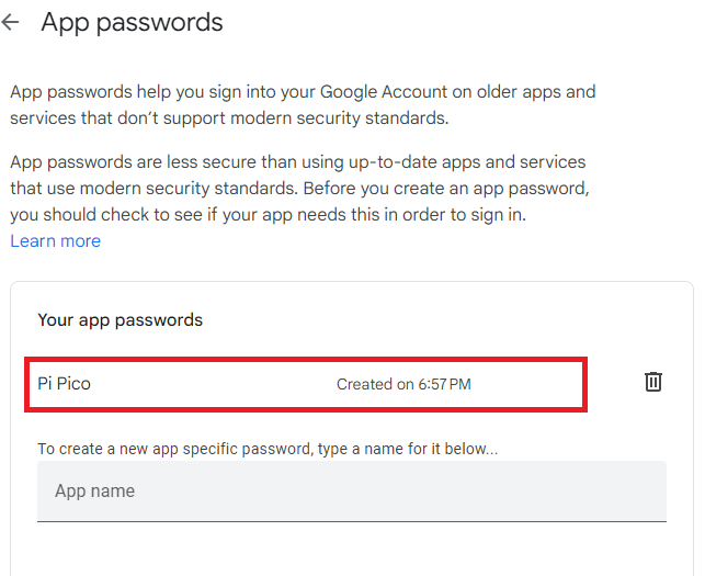 Пароль приложения создан для Raspberry Pi Pico Gmail