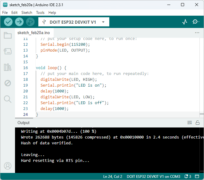 Arduino IDE 2 - успешная загрузка кода ESP32