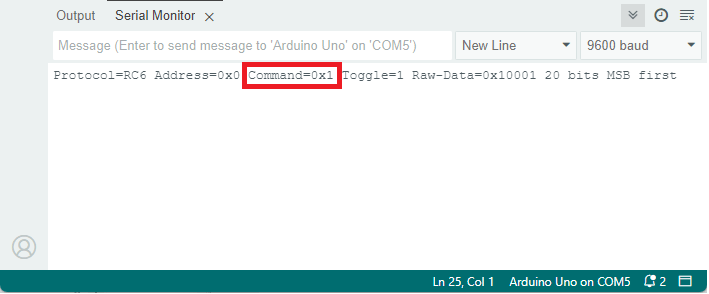 Команда ИК-пульта в мониторе порта Arduino IDE