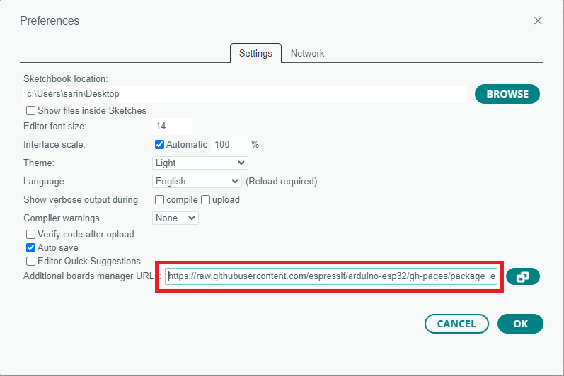 Дополнительные URL менеджера плат ESP32 Arduino 2