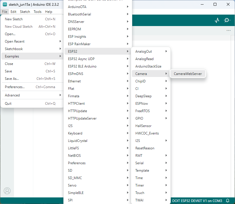 Пример CameraWebServer в меню Arduino IDE для ESP32-CAM