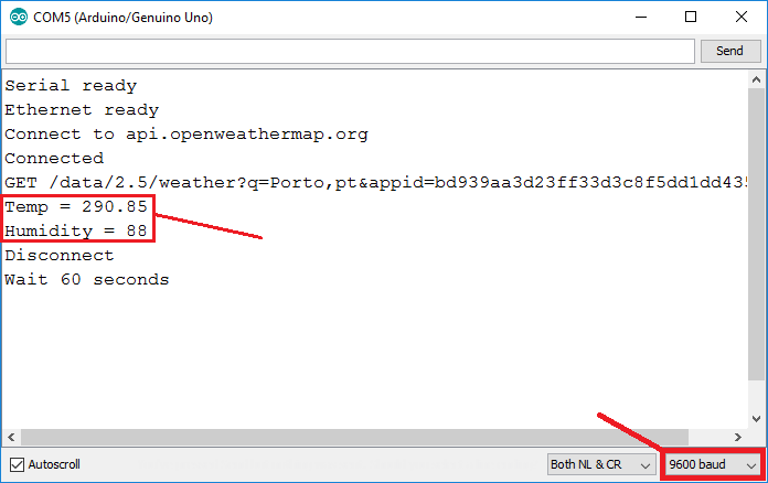 Серийный монитор Arduino IDE с данными OpenWeatherMap