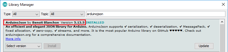 Установленная библиотека ArduinoJson 5.13.5