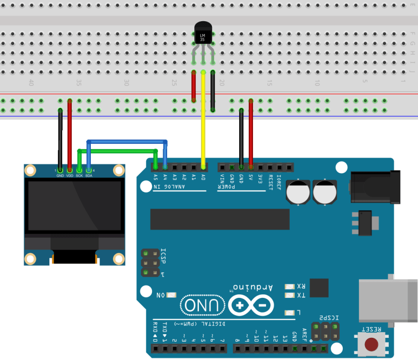 Arduino LM35/LM35DZ OLED-дисплей — схема подключения
