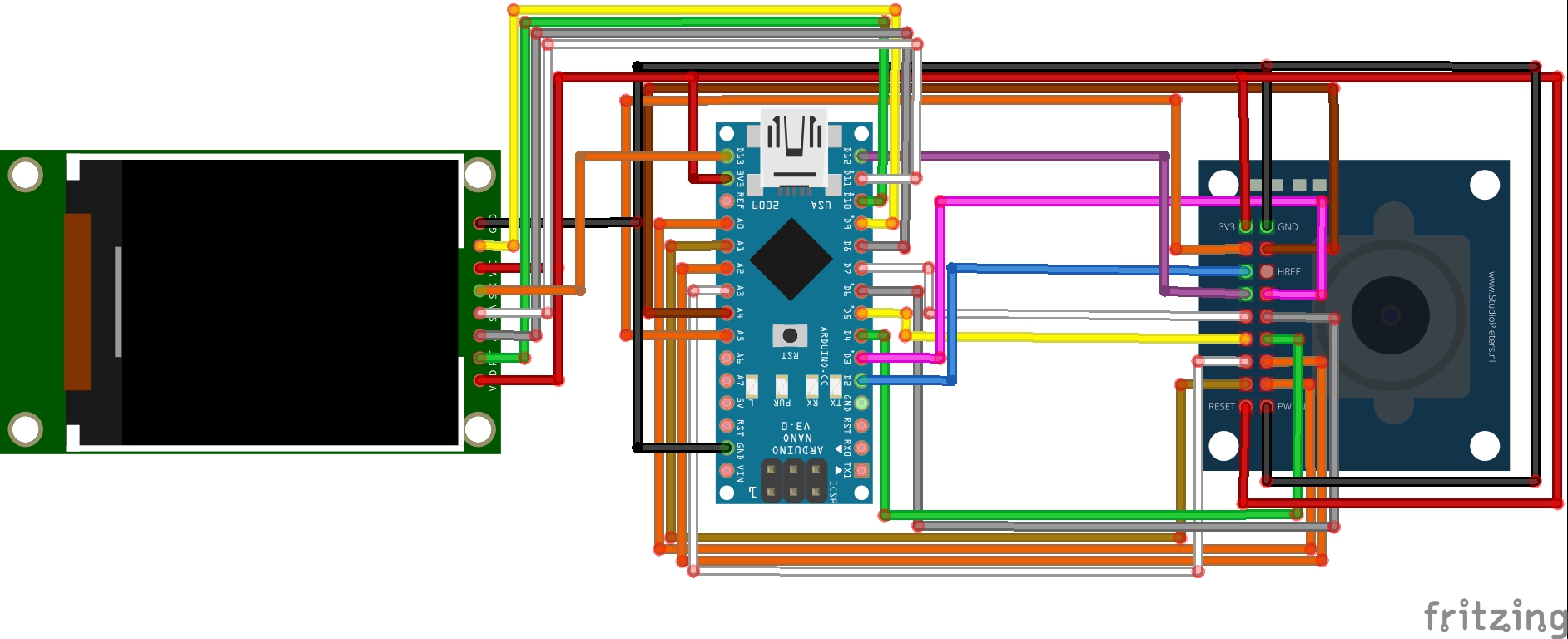Схема подключения OV7670 и TFT-дисплея к Arduino