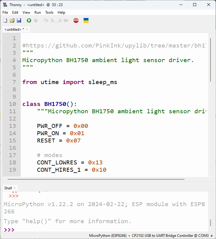 Библиотека BH1750 для MicroPython в Thonny IDE
