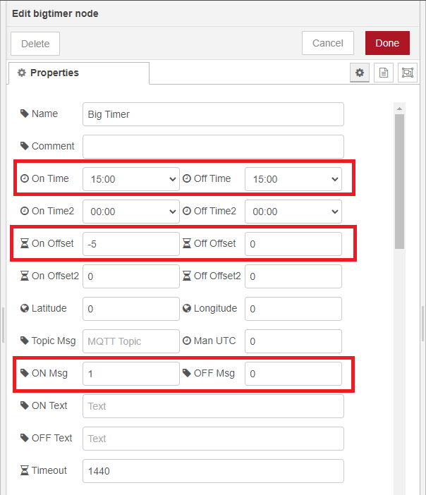 Заполнение полей узла Big Timer