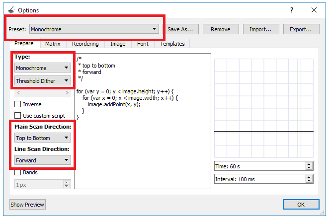 Настройки преобразования в монохромный формат в LCD Image Converter