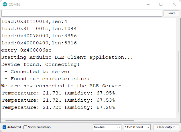 ESP32 BLE-клиент подключён к ESP32 BLE-серверу - Serial Monitor