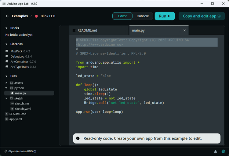 Приложение Blink LED — скрипт Python — Arduino App Lab