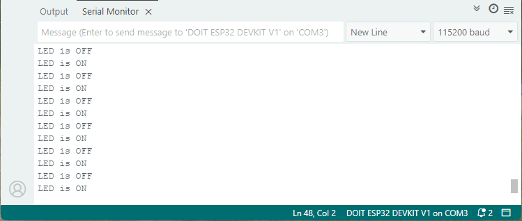 Serial Monitor показывает текущее состояние светодиода -- тестирование периодических таймеров FreeRTOS