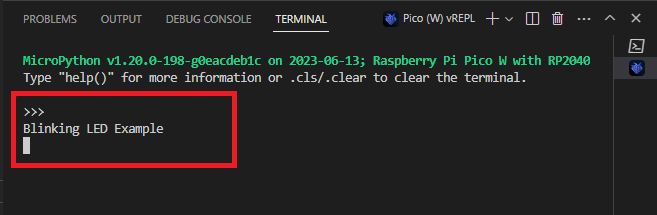 Пример мигающего светодиода REPL VS Code Raspberry Pi Pico
