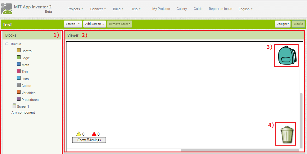 MIT App Inventor 2 — вкладка Blocks Editor