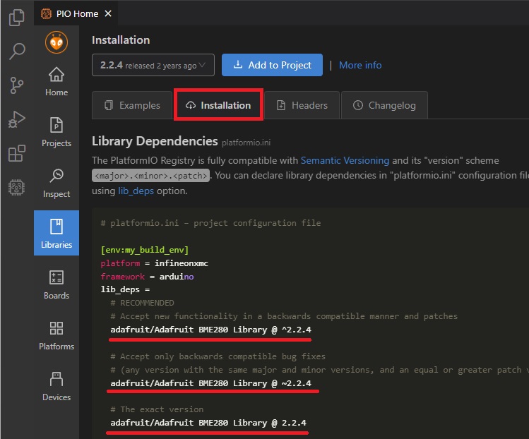 Установка библиотеки BME280 в Pioarduino VS Code с идентификатором библиотеки