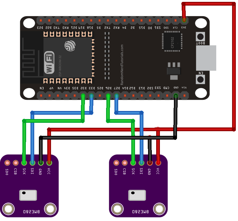 ESP32 с несколькими BME280 (несколько шин I2C), схема подключения