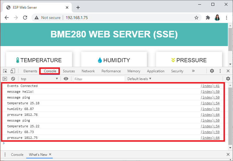 Server-Sent Events консоль браузера ESP32 веб-сервер демонстрация