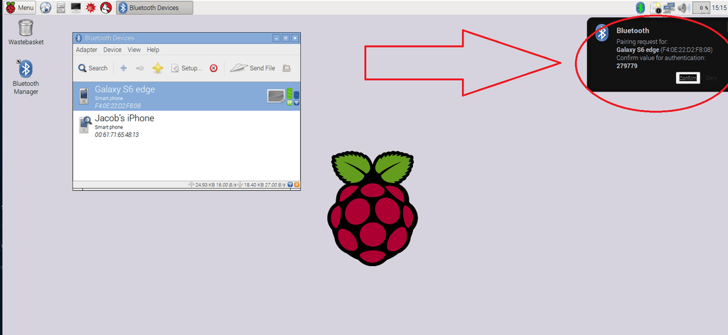 Уведомление о подтверждении сопряжения Bluetooth на рабочем столе Raspberry Pi