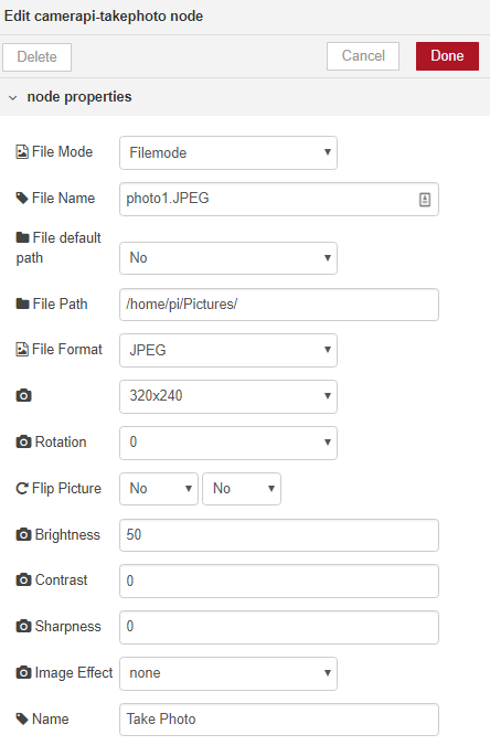 Настройка узла camerapi takephoto