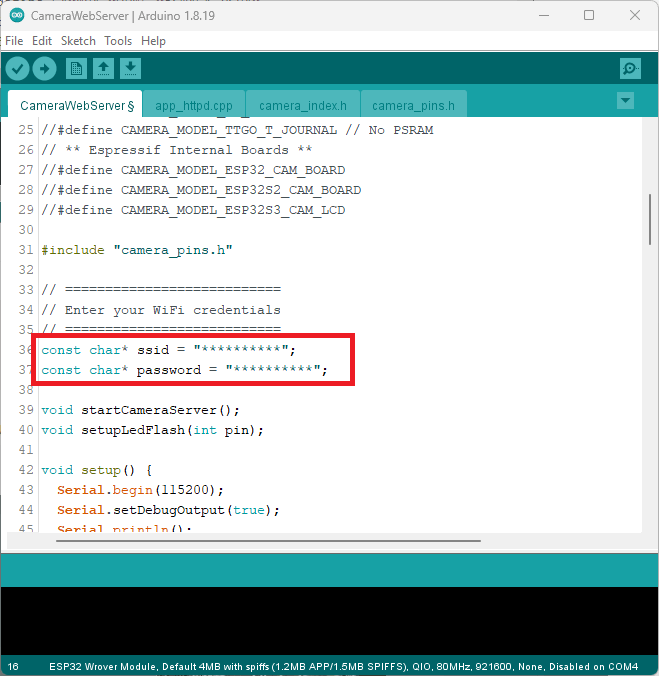 Пример CameraWebServer — SSID и пароль