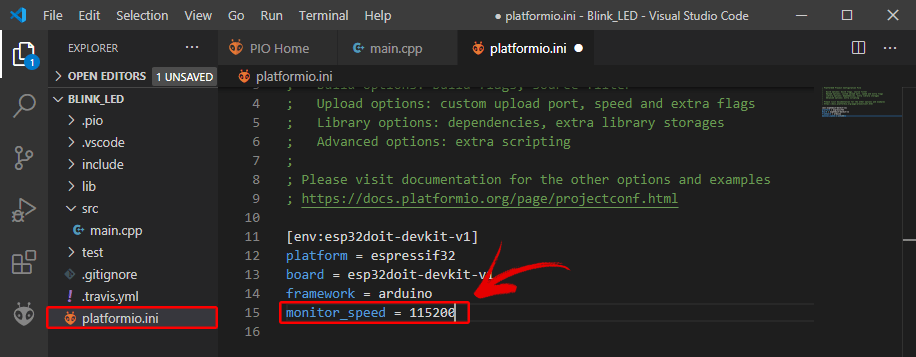 Изменение скорости Serial Monitor расширения PlatformIO IDE 115200