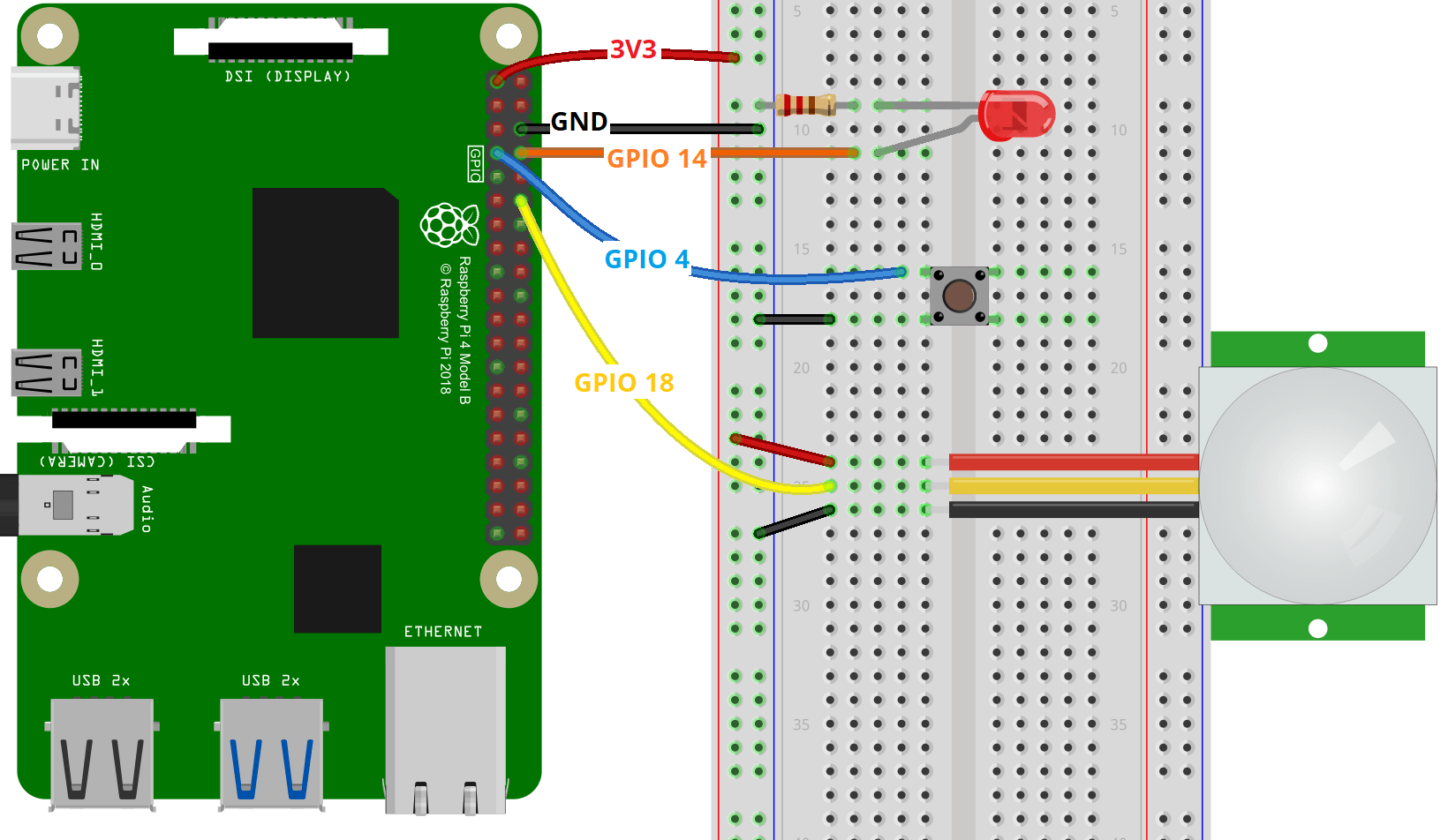 Raspberry Pi с PIR-датчиком движения — схема подключения