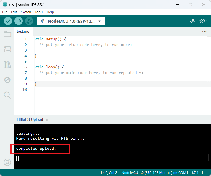 Завершение загрузки файловой системы ESP8266 Arduino IDE 2