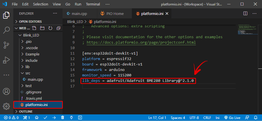 Добавление идентификатора библиотеки в конфигурационный файл PlatformIO