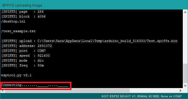 SPIFFS Image подключение к плате ESP32