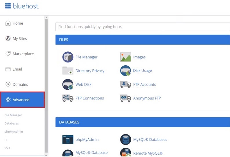 Вкладка Advanced в Bluehost
