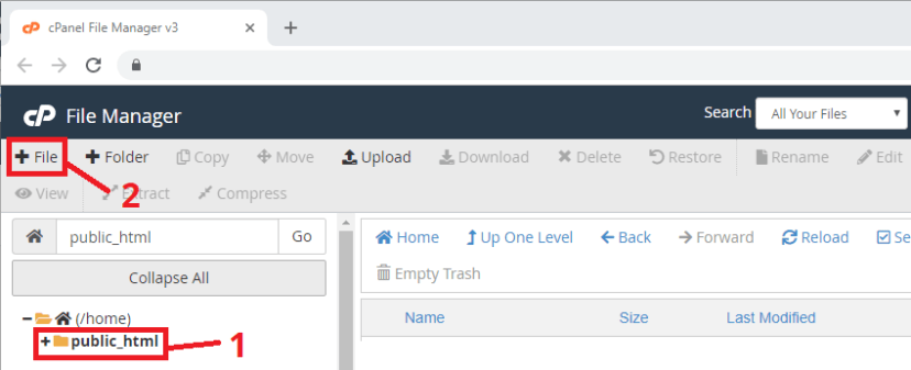 Создание нового PHP-файла в cPanel