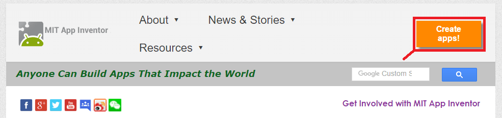 MIT App Inventor 2 — кнопка Create Apps