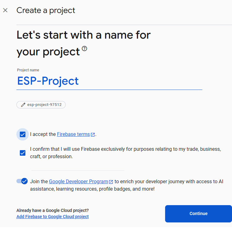 Создание проекта Firebase для ESP32 шаг 1