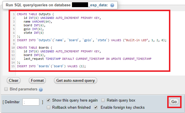 Создание таблиц MySQL для панели управления GPIO ESP32 ESP8266