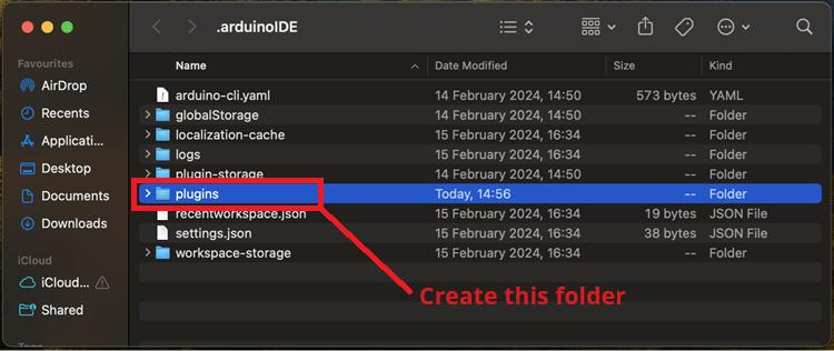 Создание папки plugins в Arduino IDE 2 MacOS