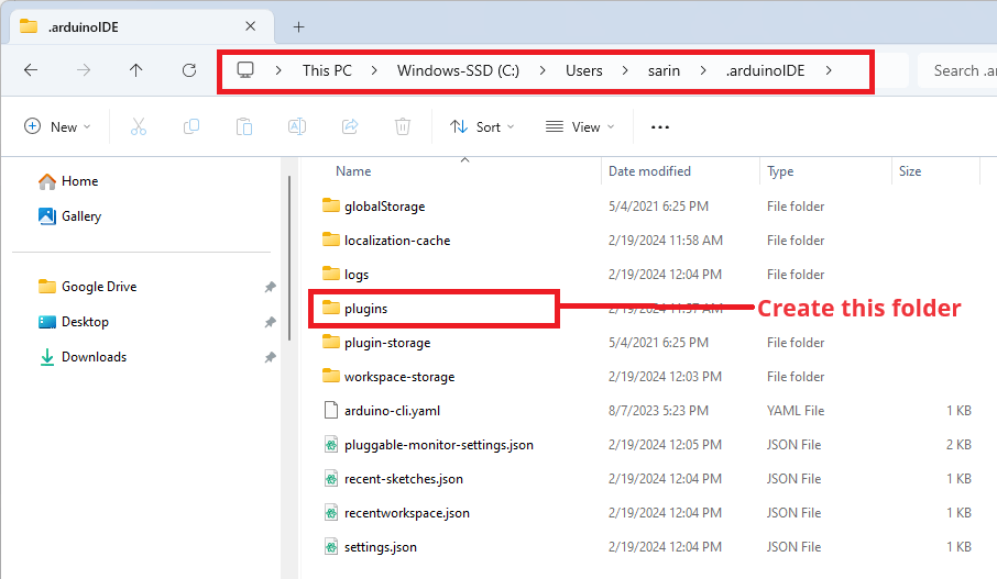 Создание папки Plugins в Arduino IDE 2