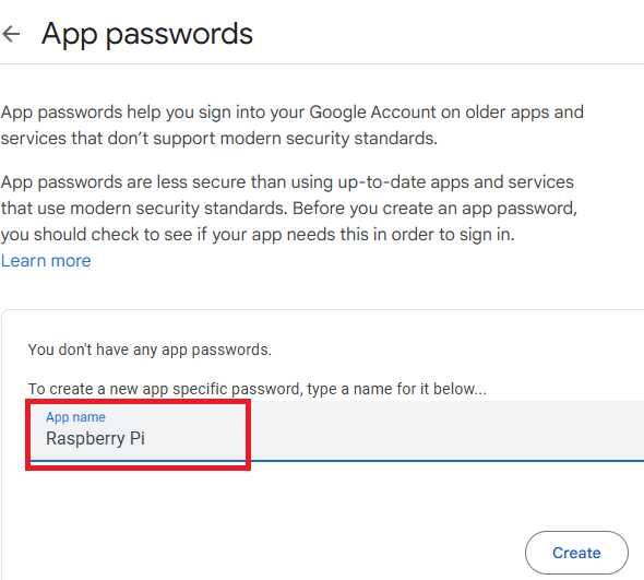Google — Создание пароля приложения для Raspberry Pi