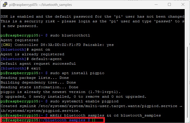 Создание и переход в папку bluetooth_samples на Raspberry Pi