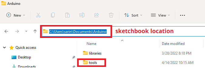 Создание папки tools в расположении Sketchbook SPIFFS