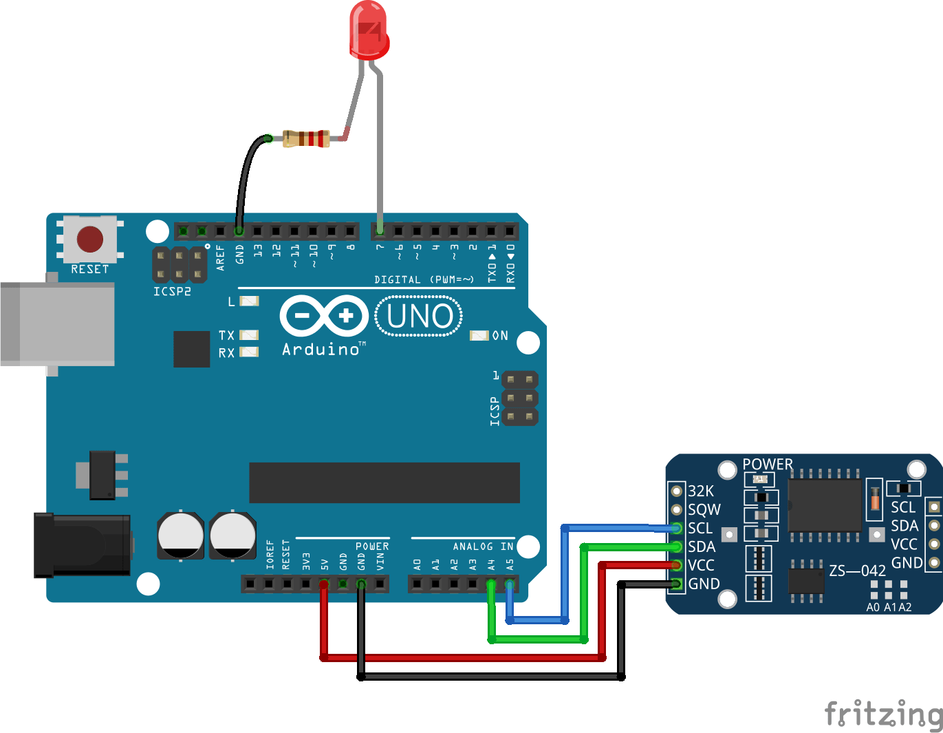 Схема подключения Arduino с модулем DS1307 RTC и светодиодом