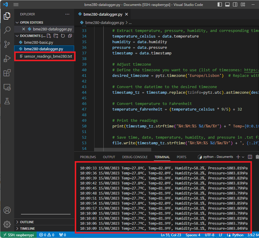 Raspberry Pi — логгер данных BME280 в VS Code