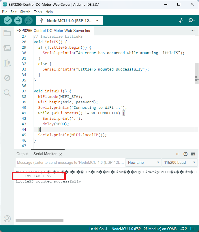 DC-мотор веб-сервер ESP8266 NodeMCU вывод IP-адреса