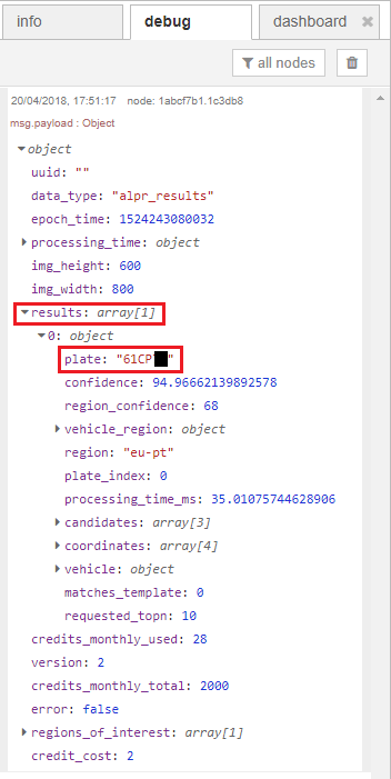 Данные номерного знака в отладочном окне