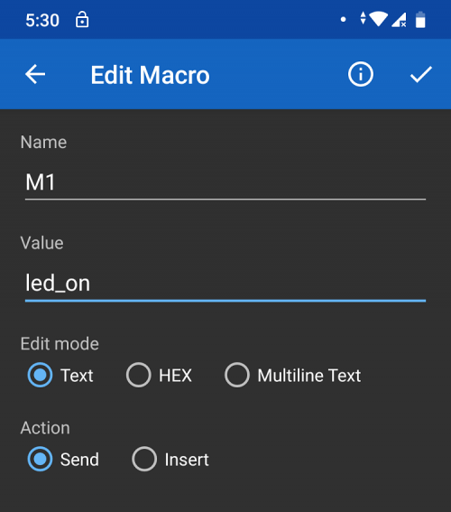Настройка сообщений по умолчанию в Serial Bluetooth Terminal