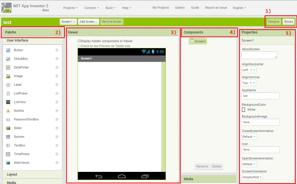 MIT App Inventor 2 — вкладка Designer