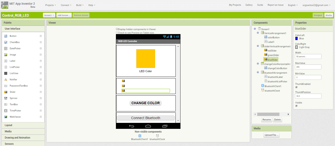 Дизайнер MIT App Inventor - интерфейс приложения RGB LED