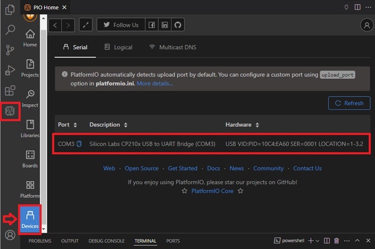 VS Code - Определение COM-порта устройств