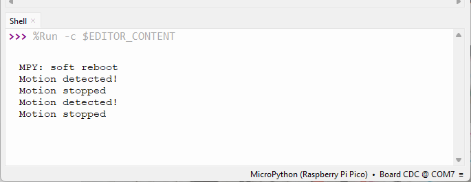 Обнаружение движения PIR-датчиком на Raspberry Pi Pico в MicroPython Thonny IDE