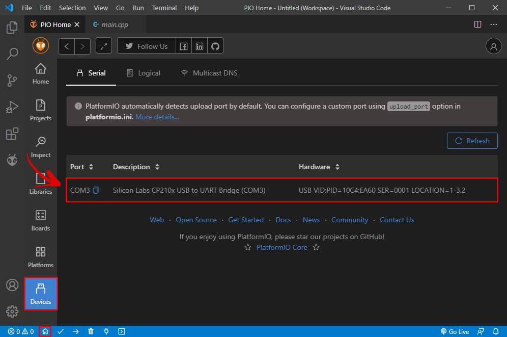 Подключённые устройства COM порт Serial в расширении PlatformIO IDE VS Code Visual Studio