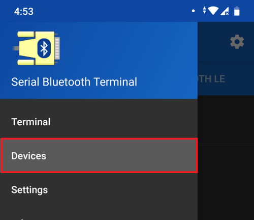 Приложение Serial Bluetooth Terminal -- меню устройств